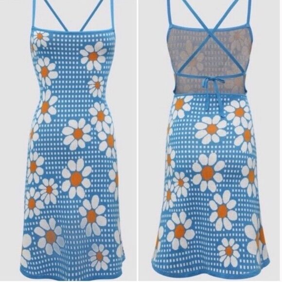 Cider Daisy Knit Dress Blue Cross Back Hippie Sweater Festival Retro Sweet Med - Picture 1 of 8